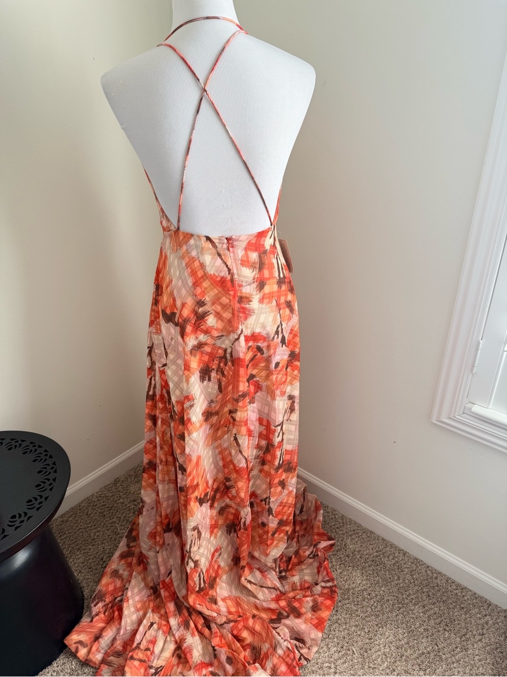 NWT Sau Lee Calista Maxi Long Chiffon Floral Dress Orange Plunge Size Women’s 4 - Picture 7 of 10